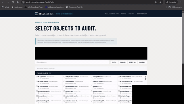 Animation showing a Field & Object Audit being configured, run, and completed.